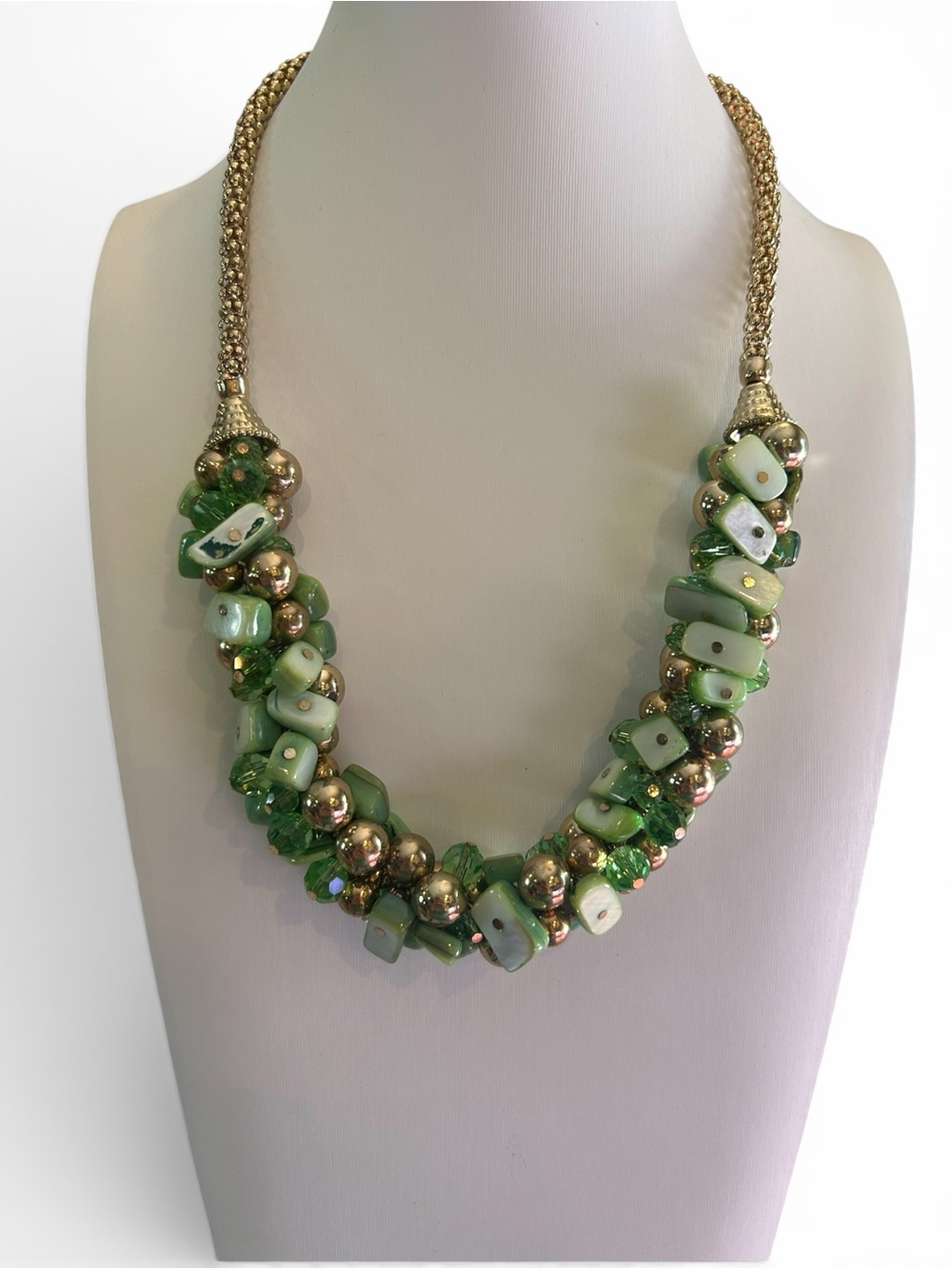 Gold-tone Green Shell Glass and Beaded Necklace
